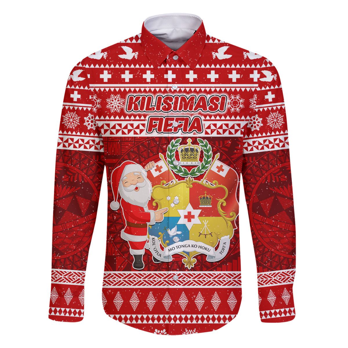 Personalized Tonga Christmas Family Matching Tank Maxi Dress and Hawaiian Shirt Kilisimasi Fiefia Santas Coat Of Arms LT05 Dad's Shirt - Long Sleeve Red - Polynesian Pride