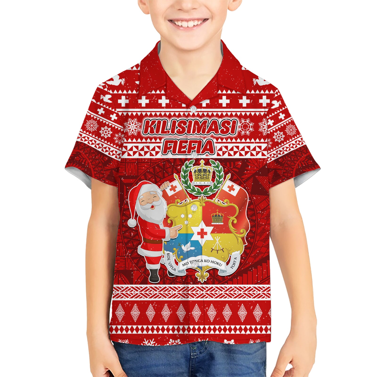 Personalized Tonga Christmas Kid Hawaiian Shirt Kilisimasi Fiefia Santas Coat Of Arms LT05 Kid Red - Polynesian Pride