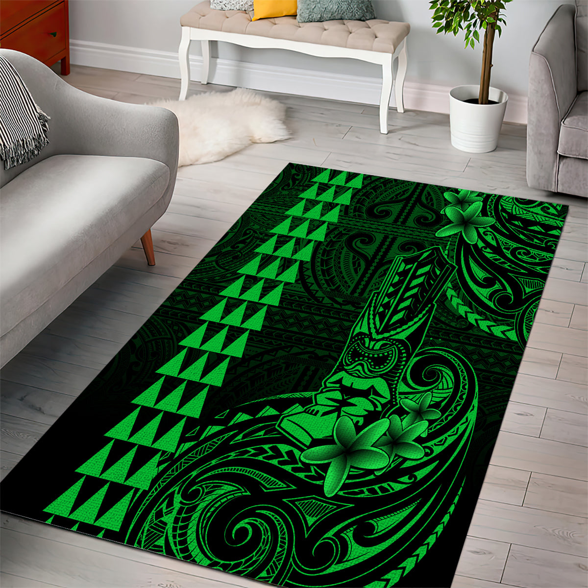 Hawaii Hauoli Makahiki Hou Area Rug Lono Hawaiian God Kakau Polynesian Tribal Green LT05 - Polynesian Pride