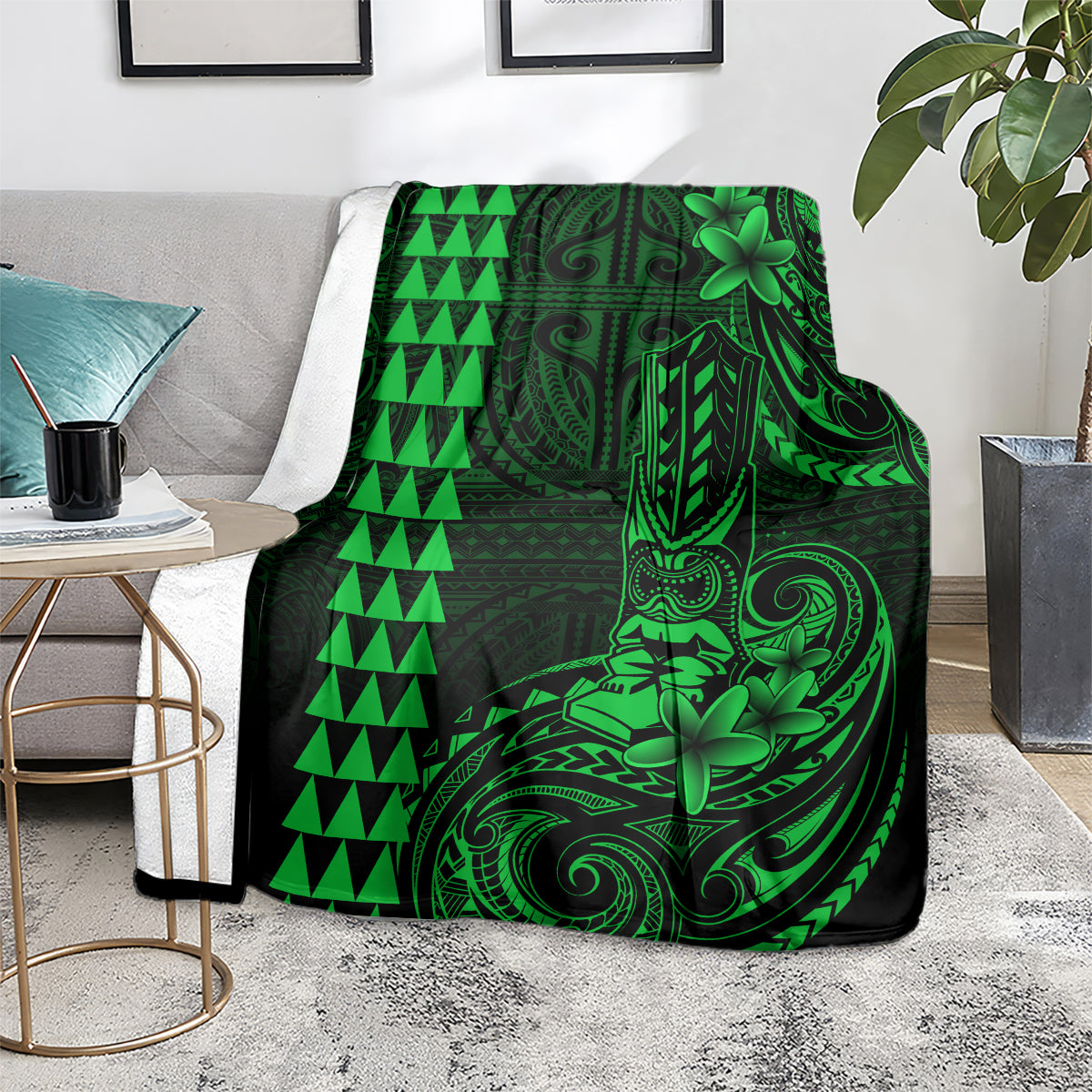 Hawaii Hauoli Makahiki Hou Blanket Lono Hawaiian God Kakau Polynesian Tribal Green LT05 - Polynesian Pride