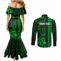 Personalized Hawaii Hauoli Makahiki Hou Couples Matching Mermaid Dress and Long Sleeve Button Shirts Lono Hawaiian God Kakau Polynesian Tribal Green LT05 - Polynesian Pride