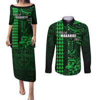 Personalized Hawaii Hauoli Makahiki Hou Couples Matching Puletasi Dress and Long Sleeve Button Shirts Lono Hawaiian God Kakau Polynesian Tribal Green LT05 Green - Polynesian Pride