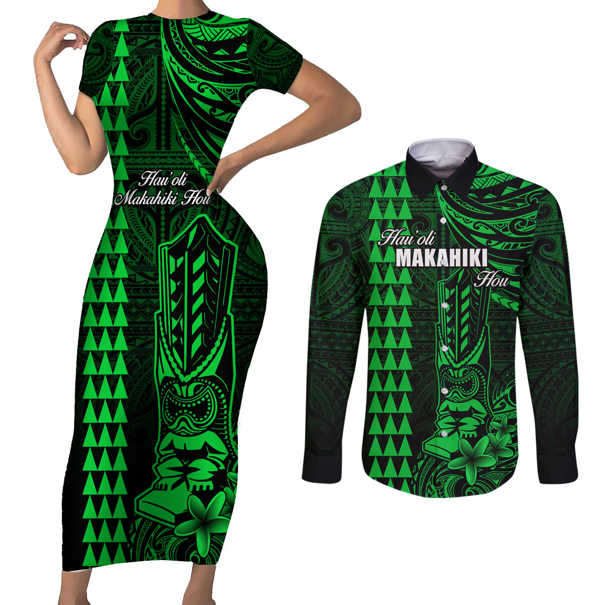 Personalized Hawaii Hauoli Makahiki Hou Couples Matching Short Sleeve Bodycon Dress and Long Sleeve Button Shirts Lono Hawaiian God Kakau Polynesian Tribal Green LT05 Green - Polynesian Pride