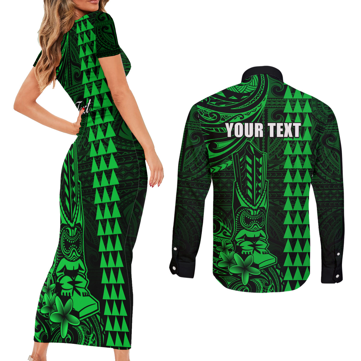Personalized Hawaii Hauoli Makahiki Hou Couples Matching Short Sleeve Bodycon Dress and Long Sleeve Button Shirts Lono Hawaiian God Kakau Polynesian Tribal Green LT05 - Polynesian Pride