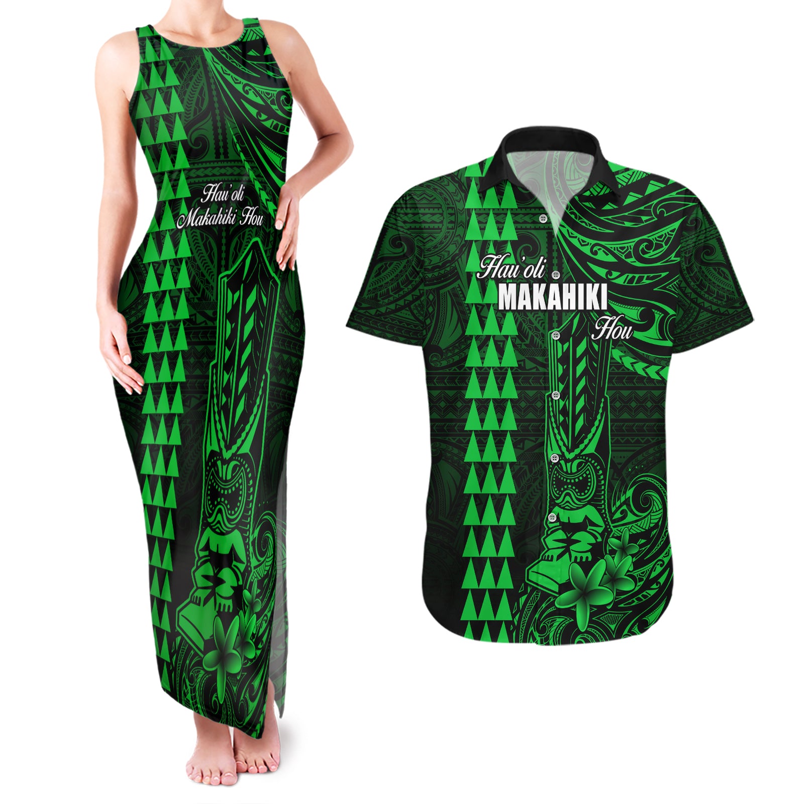 Personalized Hawaii Hauoli Makahiki Hou Couples Matching Tank Maxi Dress and Hawaiian Shirt Lono Hawaiian God Kakau Polynesian Tribal Green LT05 Green - Polynesian Pride