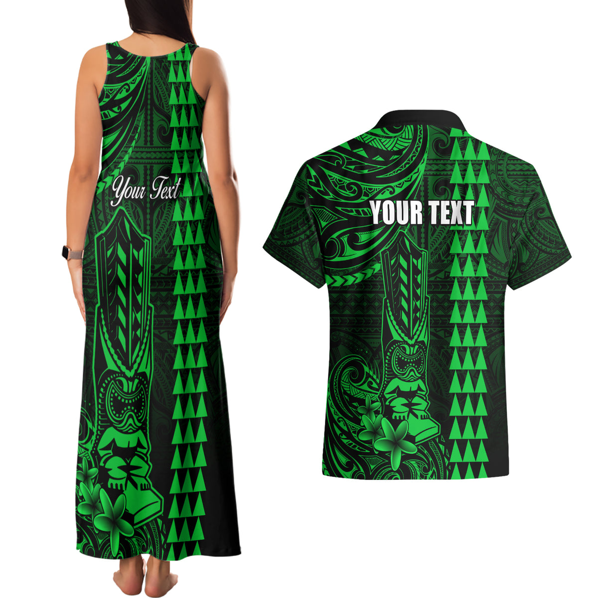 Personalized Hawaii Hauoli Makahiki Hou Couples Matching Tank Maxi Dress and Hawaiian Shirt Lono Hawaiian God Kakau Polynesian Tribal Green LT05 - Polynesian Pride