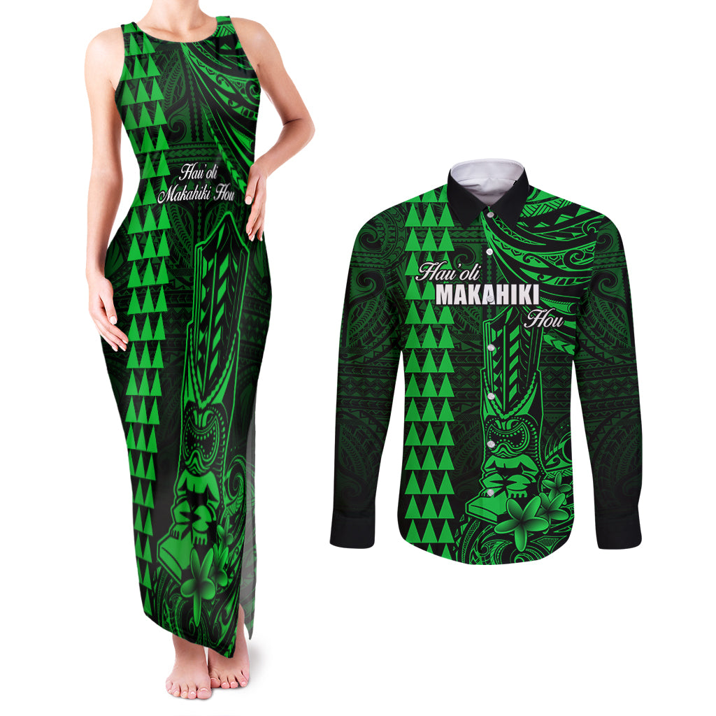 Personalized Hawaii Hauoli Makahiki Hou Couples Matching Tank Maxi Dress and Long Sleeve Button Shirts Lono Hawaiian God Kakau Polynesian Tribal Green LT05 Green - Polynesian Pride