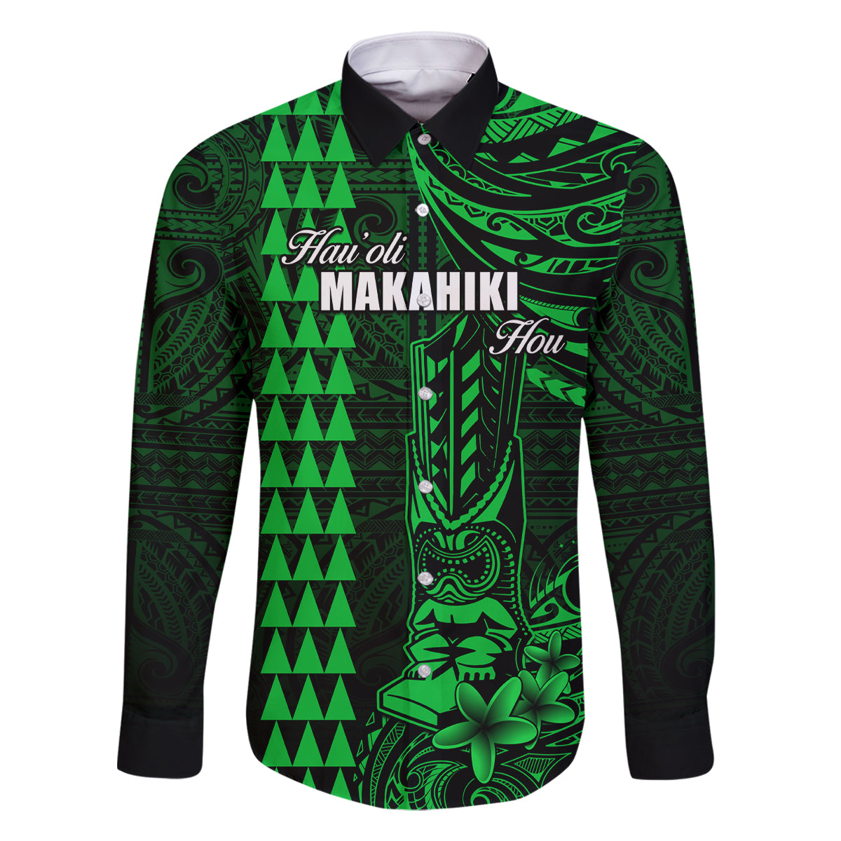 Personalized Hawaii Hauoli Makahiki Hou Family Matching Long Sleeve Bodycon Dress and Hawaiian Shirt Lono Hawaiian God Kakau Polynesian Tribal Green LT05 Dad's Shirt - Long Sleeve Green - Polynesian Pride