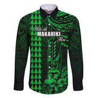 Personalized Hawaii Hauoli Makahiki Hou Family Matching Long Sleeve Bodycon Dress and Hawaiian Shirt Lono Hawaiian God Kakau Polynesian Tribal Green LT05 Dad's Shirt - Long Sleeve Green - Polynesian Pride