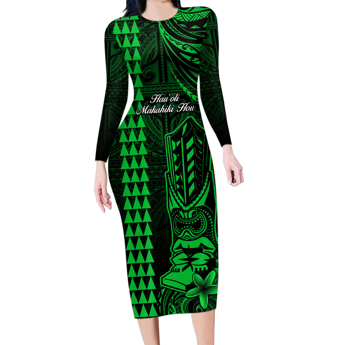 Personalized Hawaii Hauoli Makahiki Hou Family Matching Long Sleeve Bodycon Dress and Hawaiian Shirt Lono Hawaiian God Kakau Polynesian Tribal Green LT05 Mom's Dress Green - Polynesian Pride