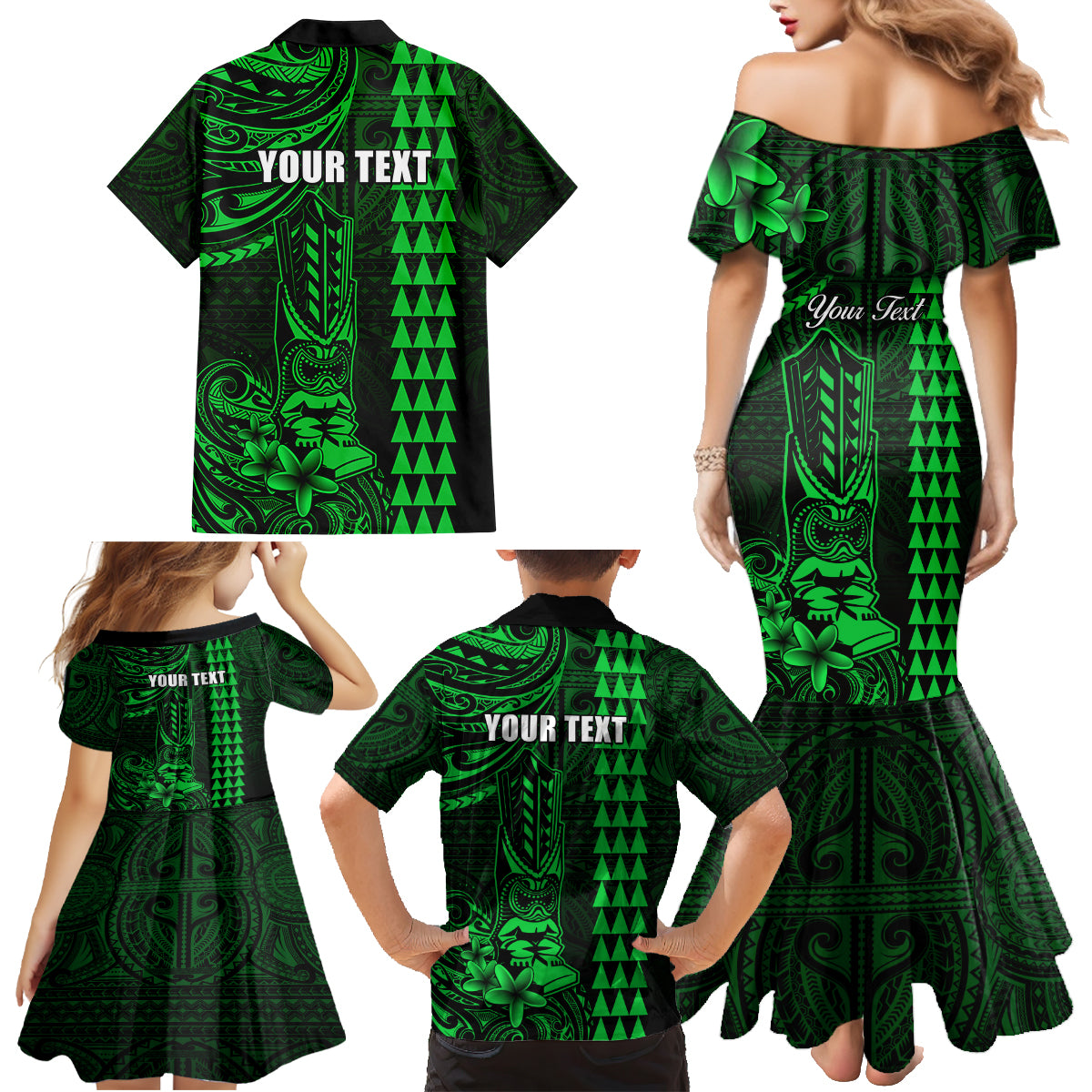 Personalized Hawaii Hauoli Makahiki Hou Family Matching Mermaid Dress and Hawaiian Shirt Lono Hawaiian God Kakau Polynesian Tribal Green LT05 - Polynesian Pride