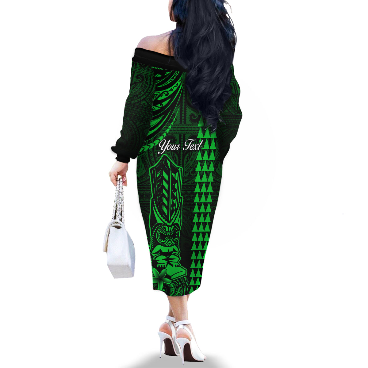 Personalized Hawaii Hauoli Makahiki Hou Family Matching Off Shoulder Long Sleeve Dress and Hawaiian Shirt Lono Hawaiian God Kakau Polynesian Tribal Green LT05 - Polynesian Pride