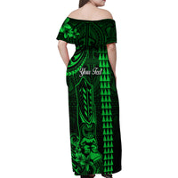 Personalized Hawaii Hauoli Makahiki Hou Family Matching Off Shoulder Maxi Dress and Hawaiian Shirt Lono Hawaiian God Kakau Polynesian Tribal Green LT05 - Polynesian Pride