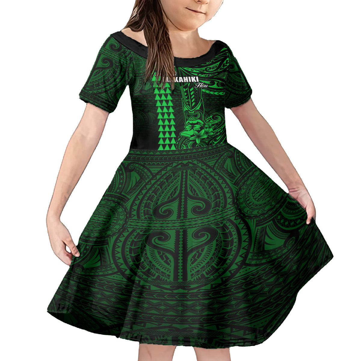 Personalized Hawaii Hauoli Makahiki Hou Kid Short Sleeve Dress Lono Hawaiian God Kakau Polynesian Tribal Green LT05 KID Green - Polynesian Pride