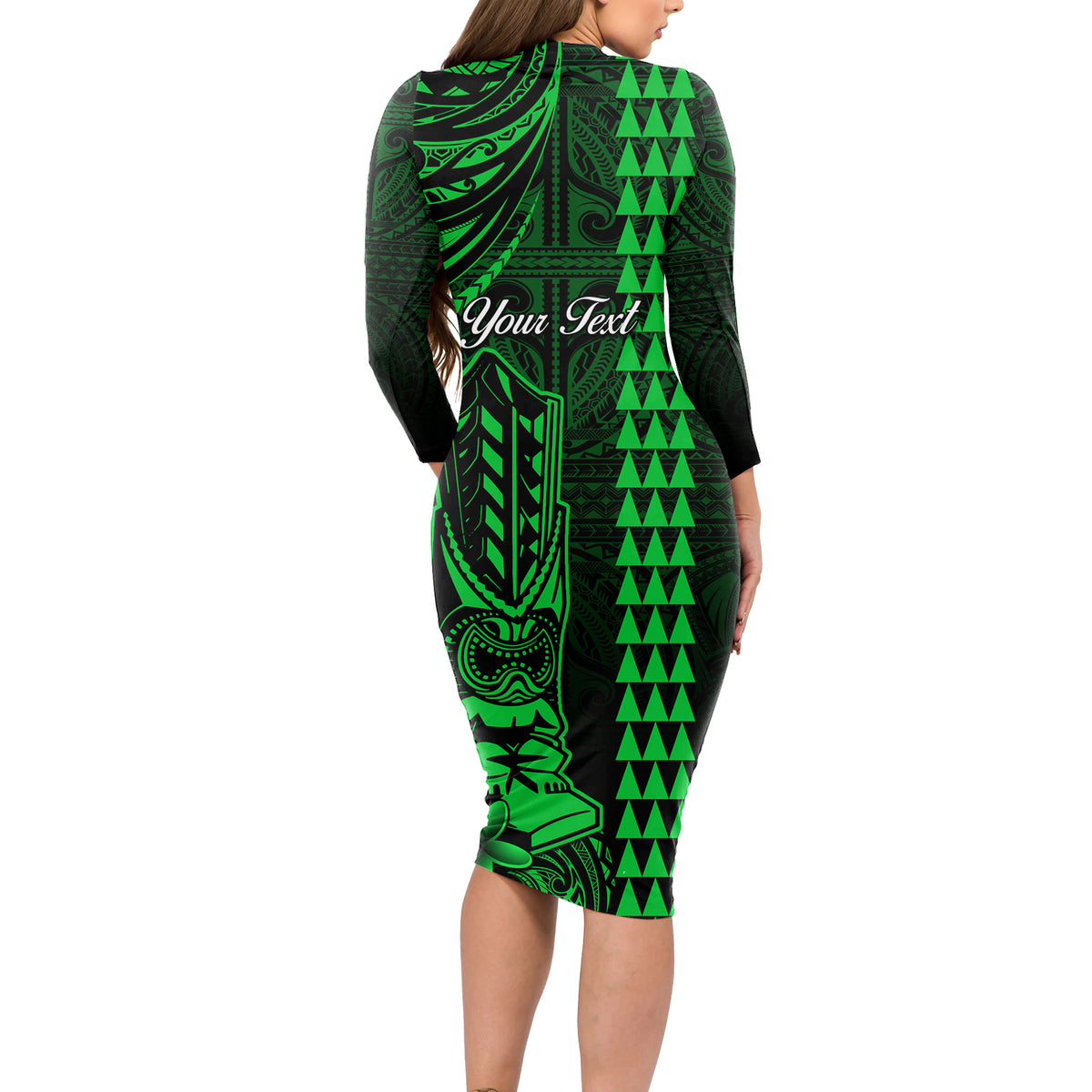 Personalized Hawaii Hauoli Makahiki Hou Long Sleeve Bodycon Dress Lono Hawaiian God Kakau Polynesian Tribal Green LT05 - Polynesian Pride