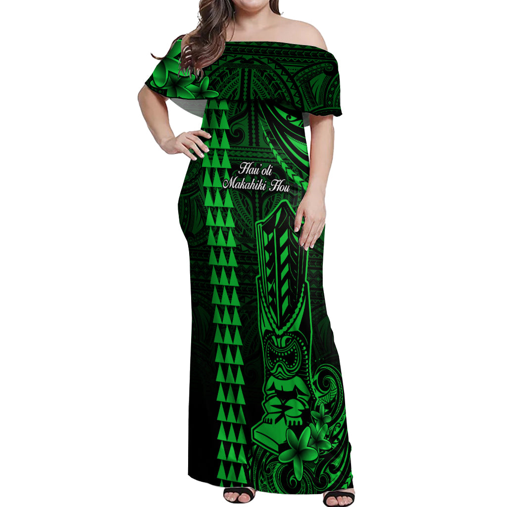 Personalized Hawaii Hauoli Makahiki Hou Off Shoulder Maxi Dress Lono Hawaiian God Kakau Polynesian Tribal Green LT05 Women Green - Polynesian Pride
