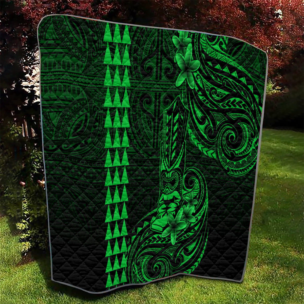 Hawaii Hauoli Makahiki Hou Quilt Lono Hawaiian God Kakau Polynesian Tribal Green LT05 - Polynesian Pride