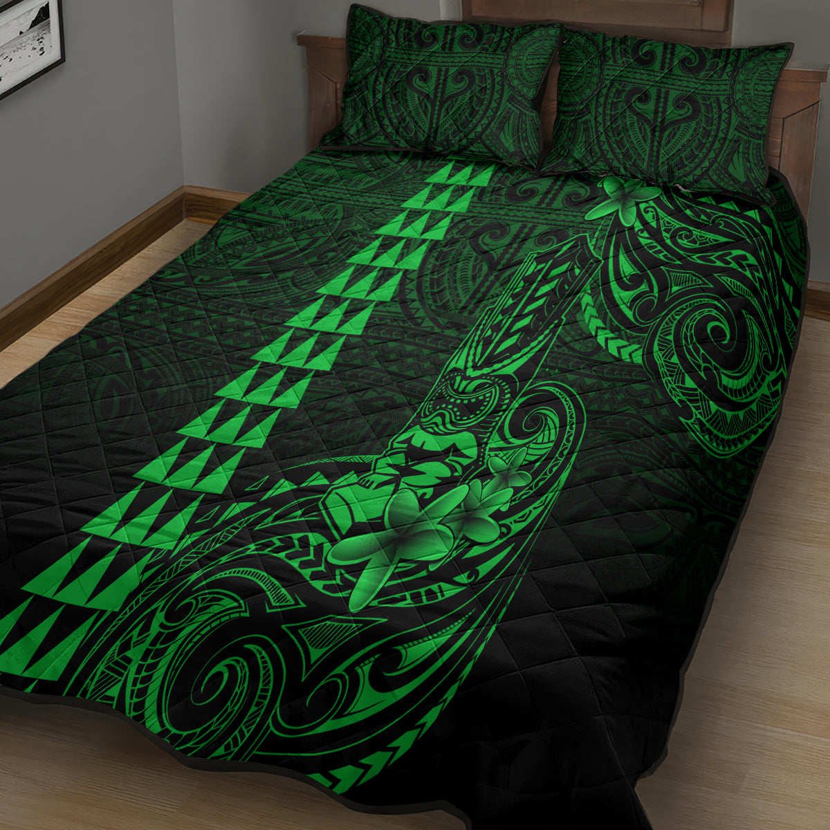 Hawaii Hauoli Makahiki Hou Quilt Bed Set Lono Hawaiian God Kakau Polynesian Tribal Green LT05 - Polynesian Pride