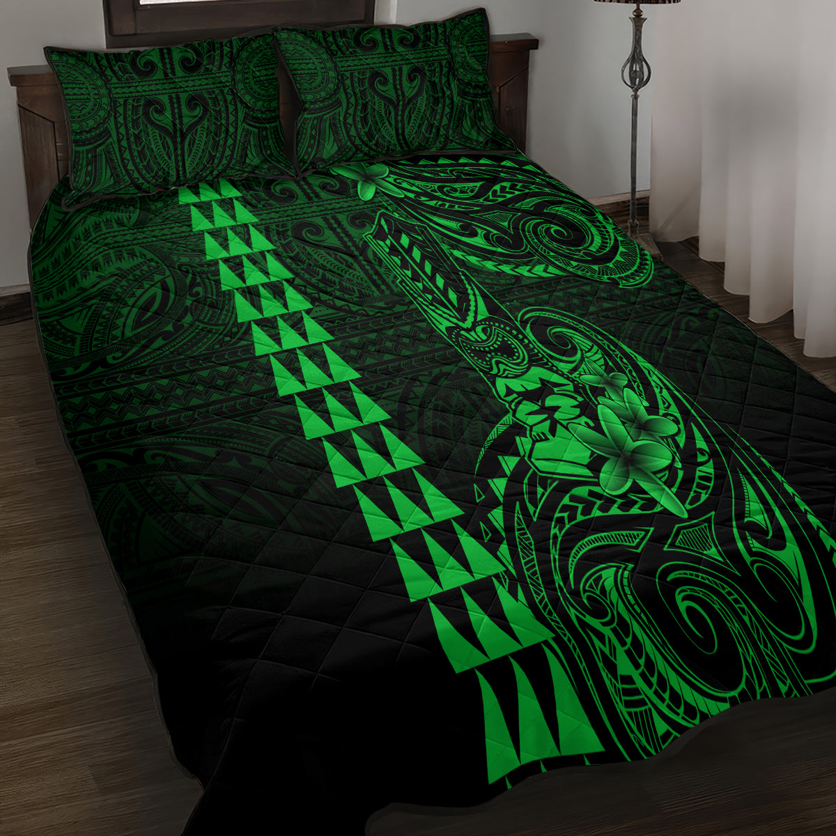 Hawaii Hauoli Makahiki Hou Quilt Bed Set Lono Hawaiian God Kakau Polynesian Tribal Green LT05 - Polynesian Pride