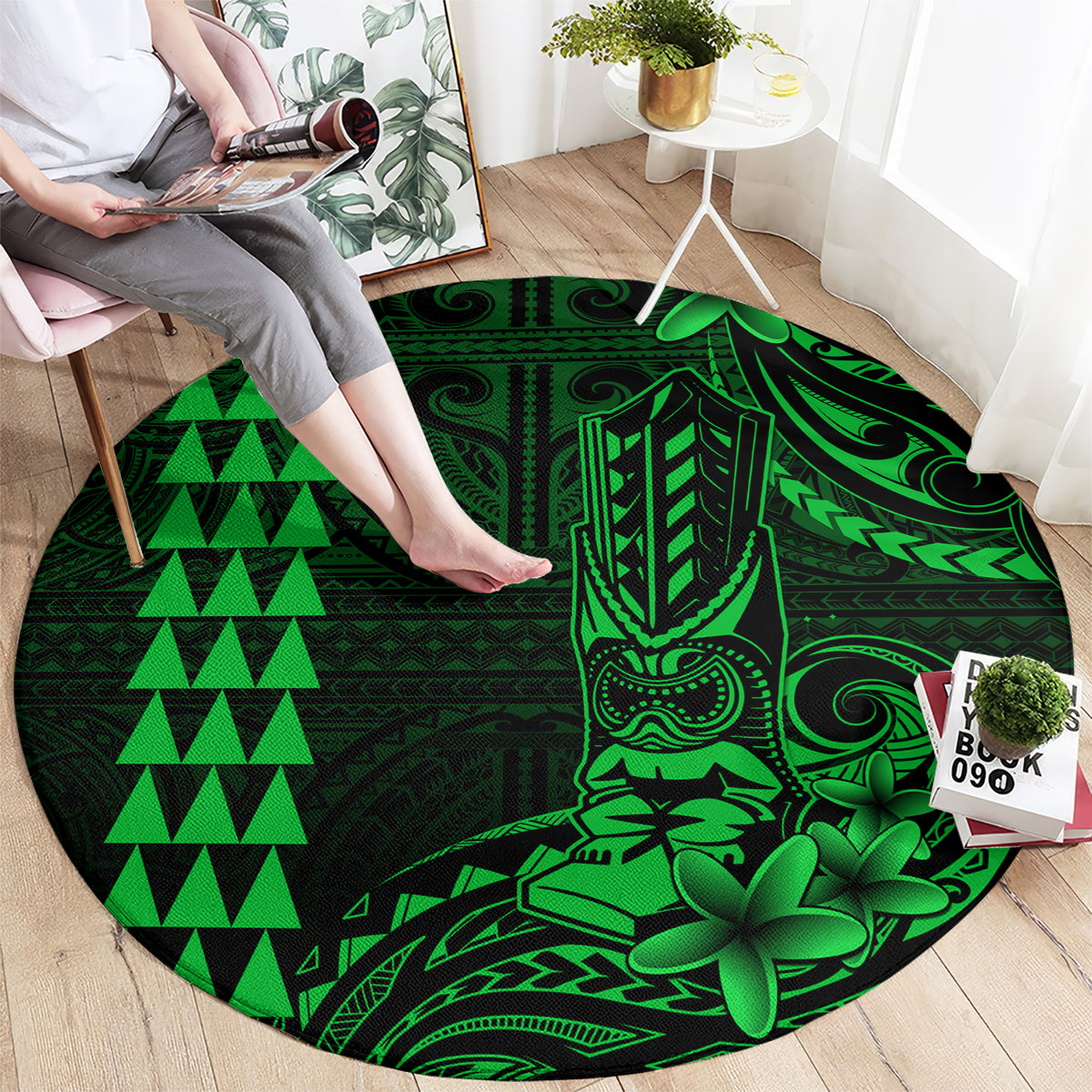 Hawaii Hauoli Makahiki Hou Round Carpet Lono Hawaiian God Kakau Polynesian Tribal Green LT05 - Polynesian Pride