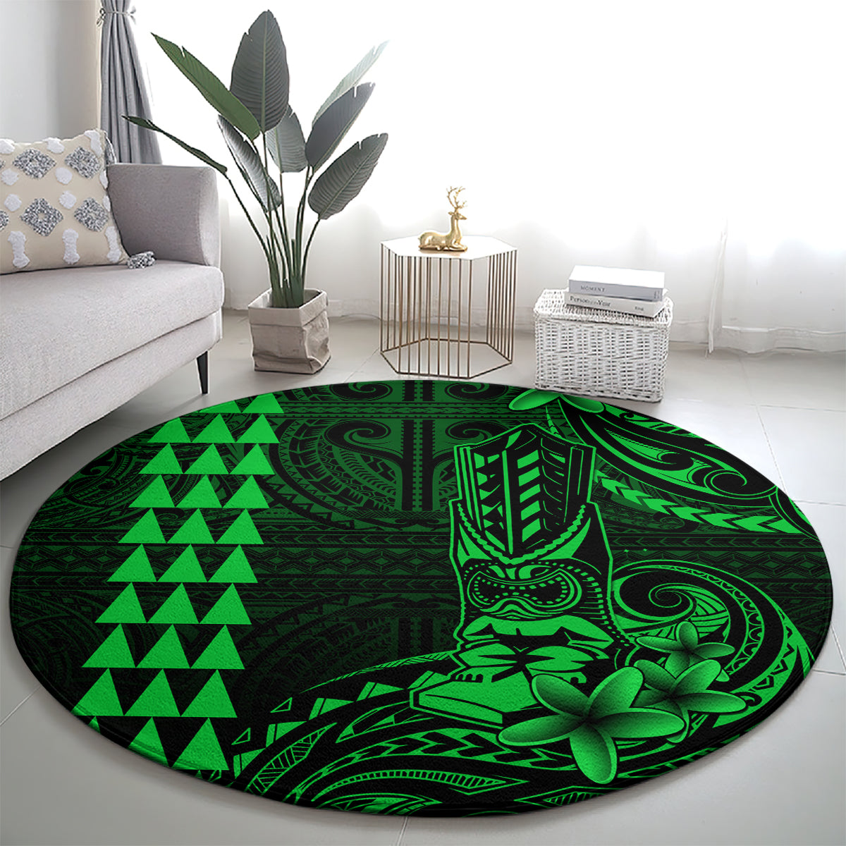 Hawaii Hauoli Makahiki Hou Round Carpet Lono Hawaiian God Kakau Polynesian Tribal Green LT05 - Polynesian Pride