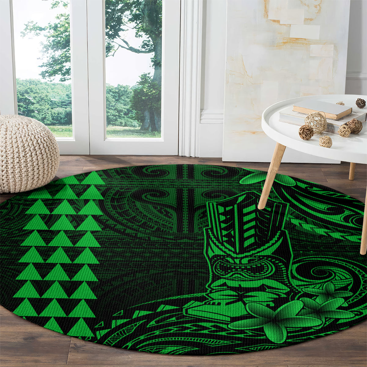 Hawaii Hauoli Makahiki Hou Round Carpet Lono Hawaiian God Kakau Polynesian Tribal Green LT05 - Polynesian Pride