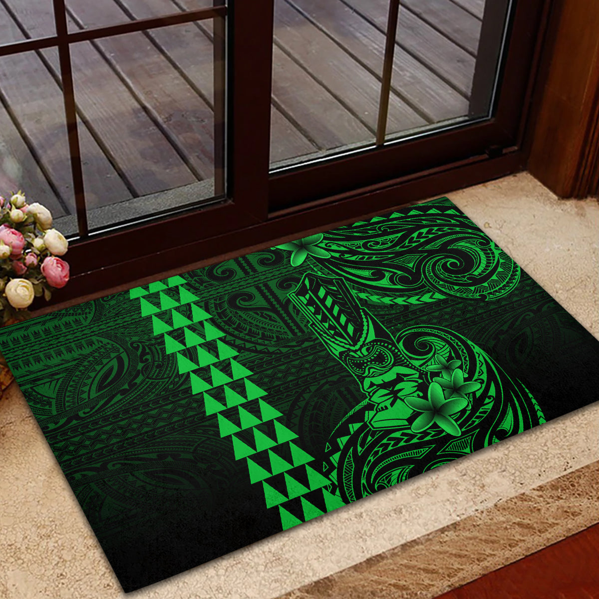 Hawaii Hauoli Makahiki Hou Rubber Doormat Lono Hawaiian God Kakau Polynesian Tribal Green LT05 - Polynesian Pride