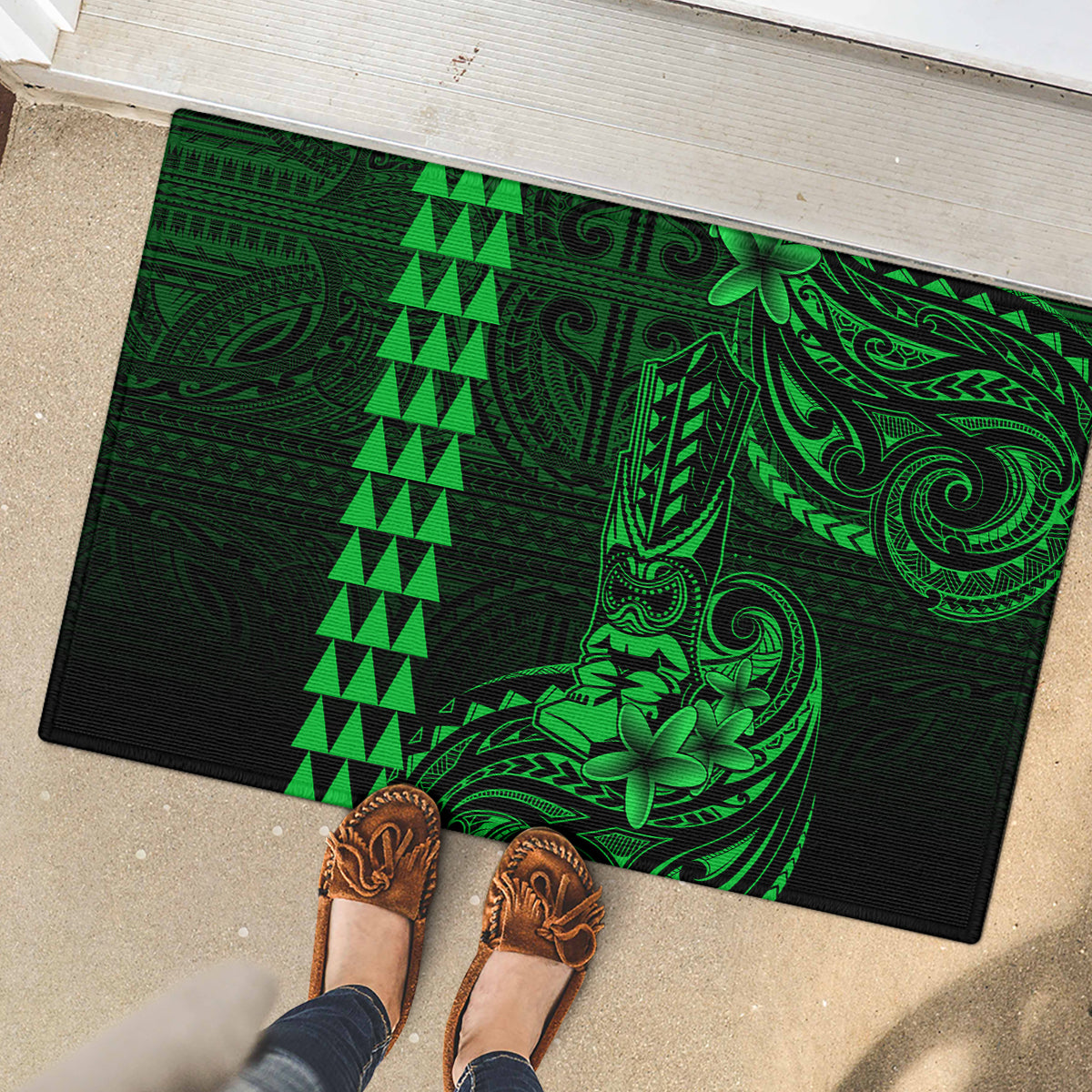 Hawaii Hauoli Makahiki Hou Rubber Doormat Lono Hawaiian God Kakau Polynesian Tribal Green LT05 - Polynesian Pride