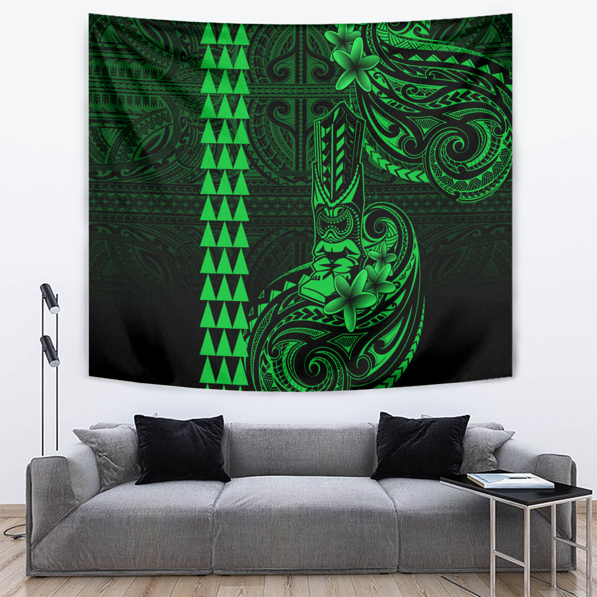 Hawaii Hauoli Makahiki Hou Tapestry Lono Hawaiian God Kakau Polynesian Tribal Green LT05 - Polynesian Pride