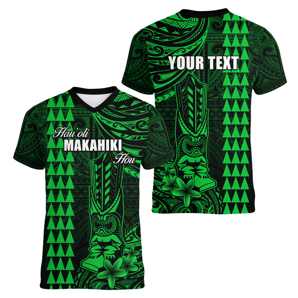 Personalized Hawaii Hauoli Makahiki Hou Women V Neck T Shirt Lono Hawaiian God Kakau Polynesian Tribal Green LT05 - Polynesian Pride