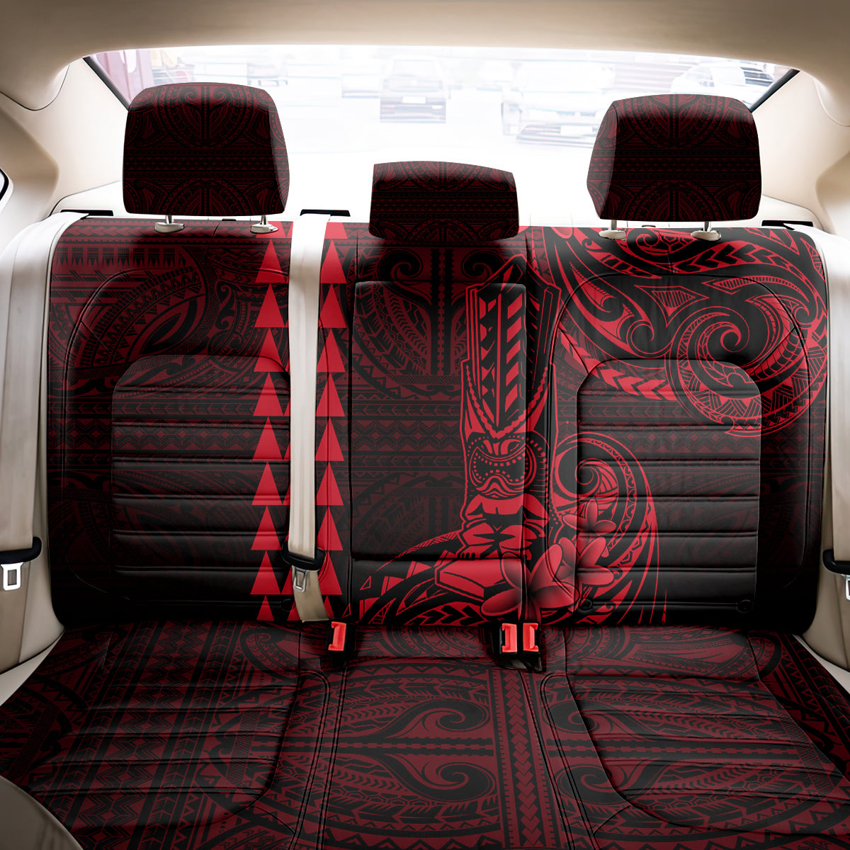 Hawaii Hauoli Makahiki Hou Back Car Seat Cover Lono Hawaiian God Kakau Polynesian Tribal Red