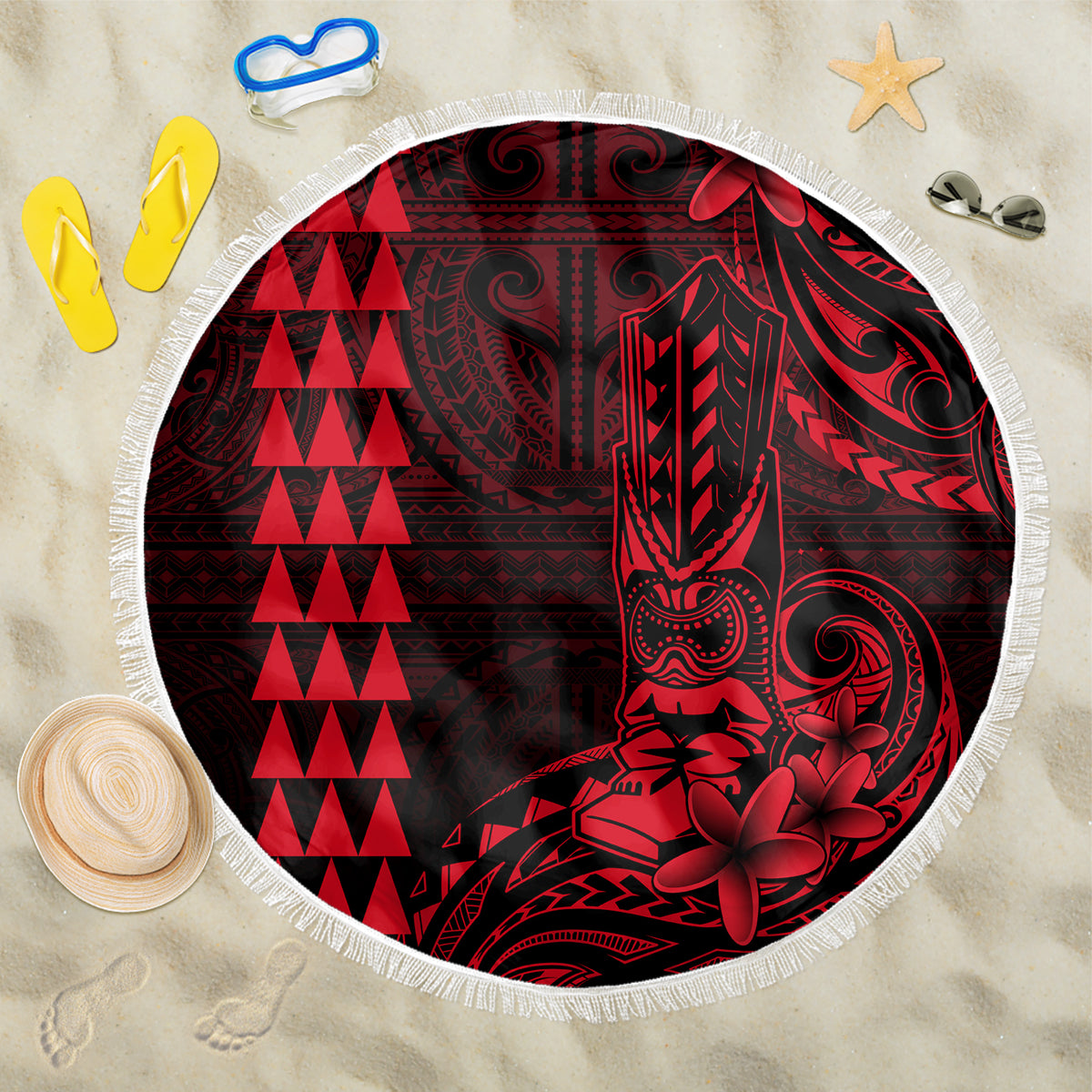 Hawaii Hauoli Makahiki Hou Beach Blanket Lono Hawaiian God Kakau Polynesian Tribal Red LT05 One Size 150cm Red - Wonder Print Shop