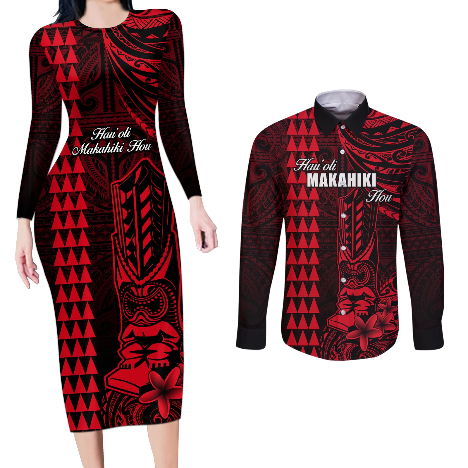 Personalized Hawaii Hauoli Makahiki Hou Couples Matching Long Sleeve Bodycon Dress and Long Sleeve Button Shirts Lono Hawaiian God Kakau Polynesian Tribal Red LT05 Red - Polynesian Pride