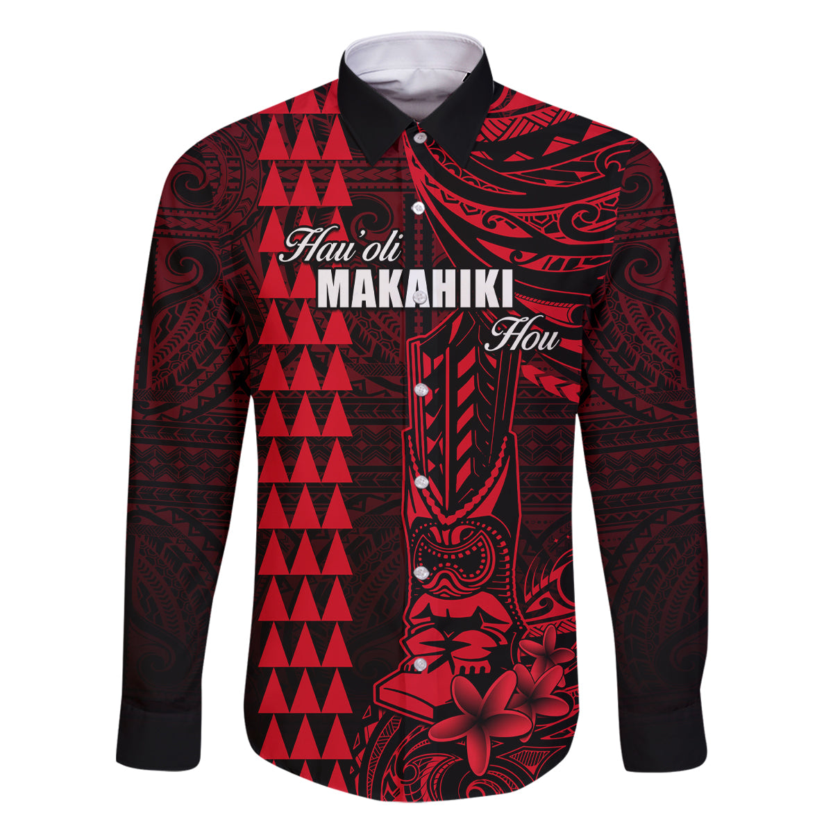 Personalized Hawaii Hauoli Makahiki Hou Family Matching Long Sleeve Bodycon Dress and Hawaiian Shirt Lono Hawaiian God Kakau Polynesian Tribal Red LT05 Dad's Shirt - Long Sleeve Red - Polynesian Pride