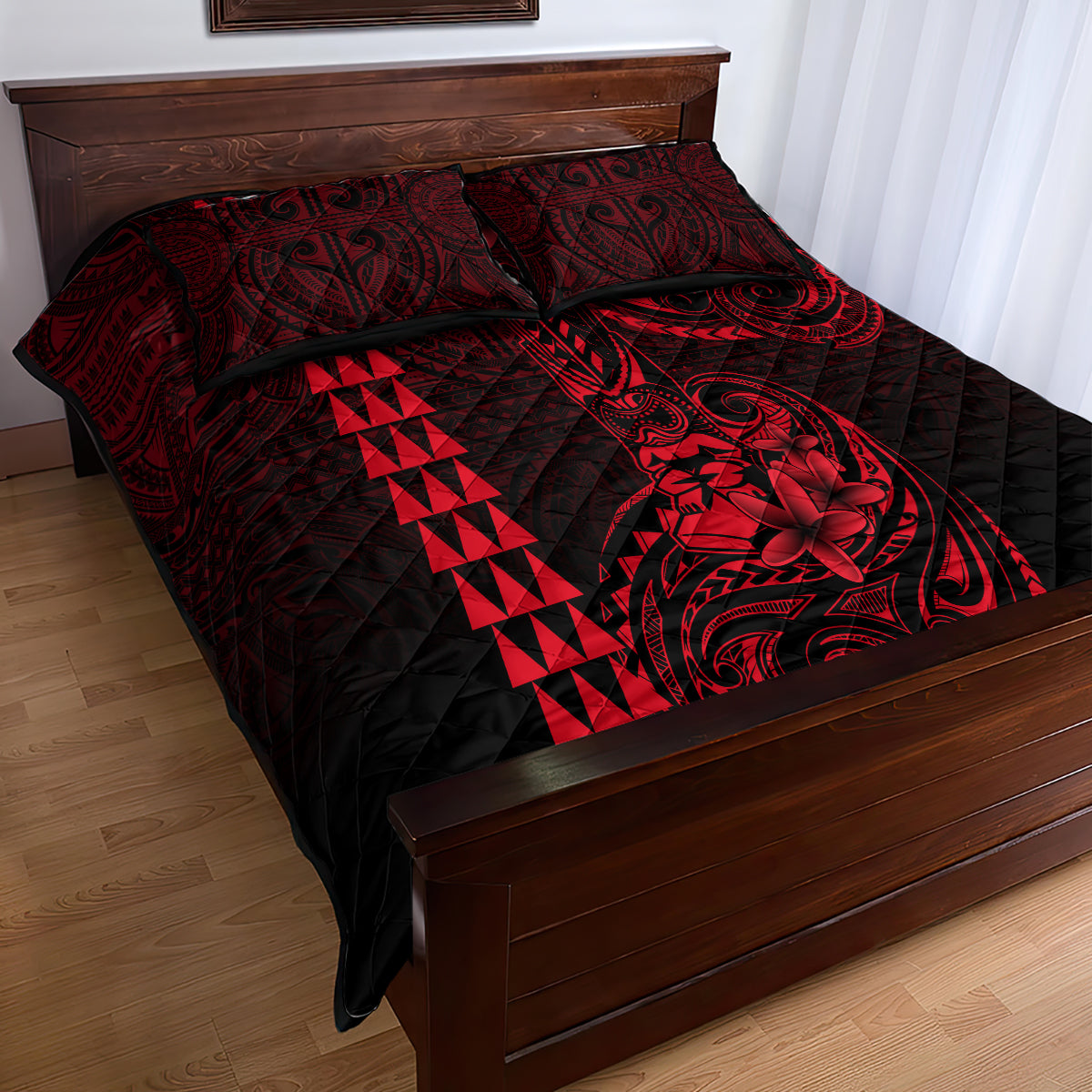 Hawaii Hauoli Makahiki Hou Quilt Bed Set Lono Hawaiian God Kakau Polynesian Tribal Red LT05 - Polynesian Pride