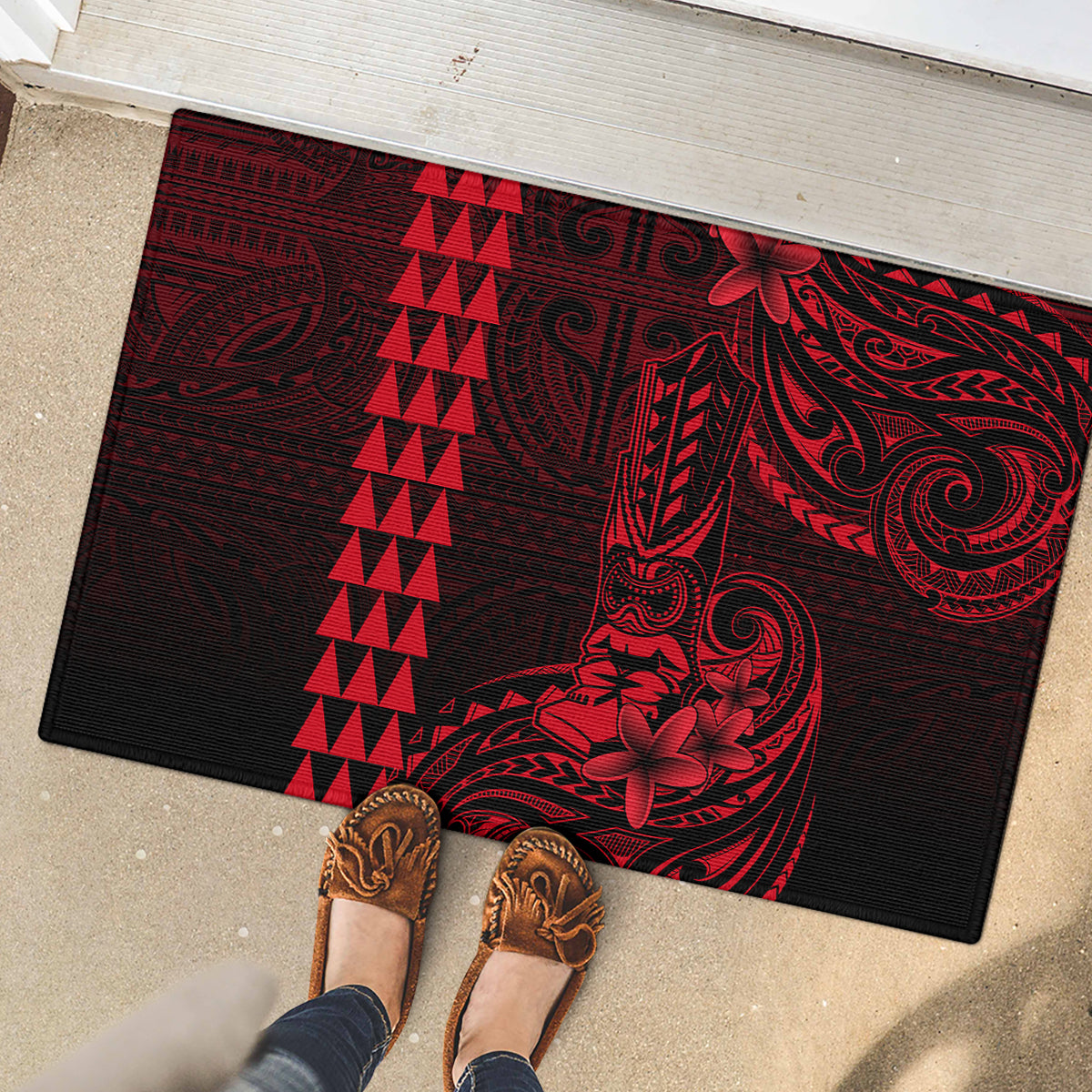 Hawaii Hauoli Makahiki Hou Rubber Doormat Lono Hawaiian God Kakau Polynesian Tribal Red LT05 - Polynesian Pride