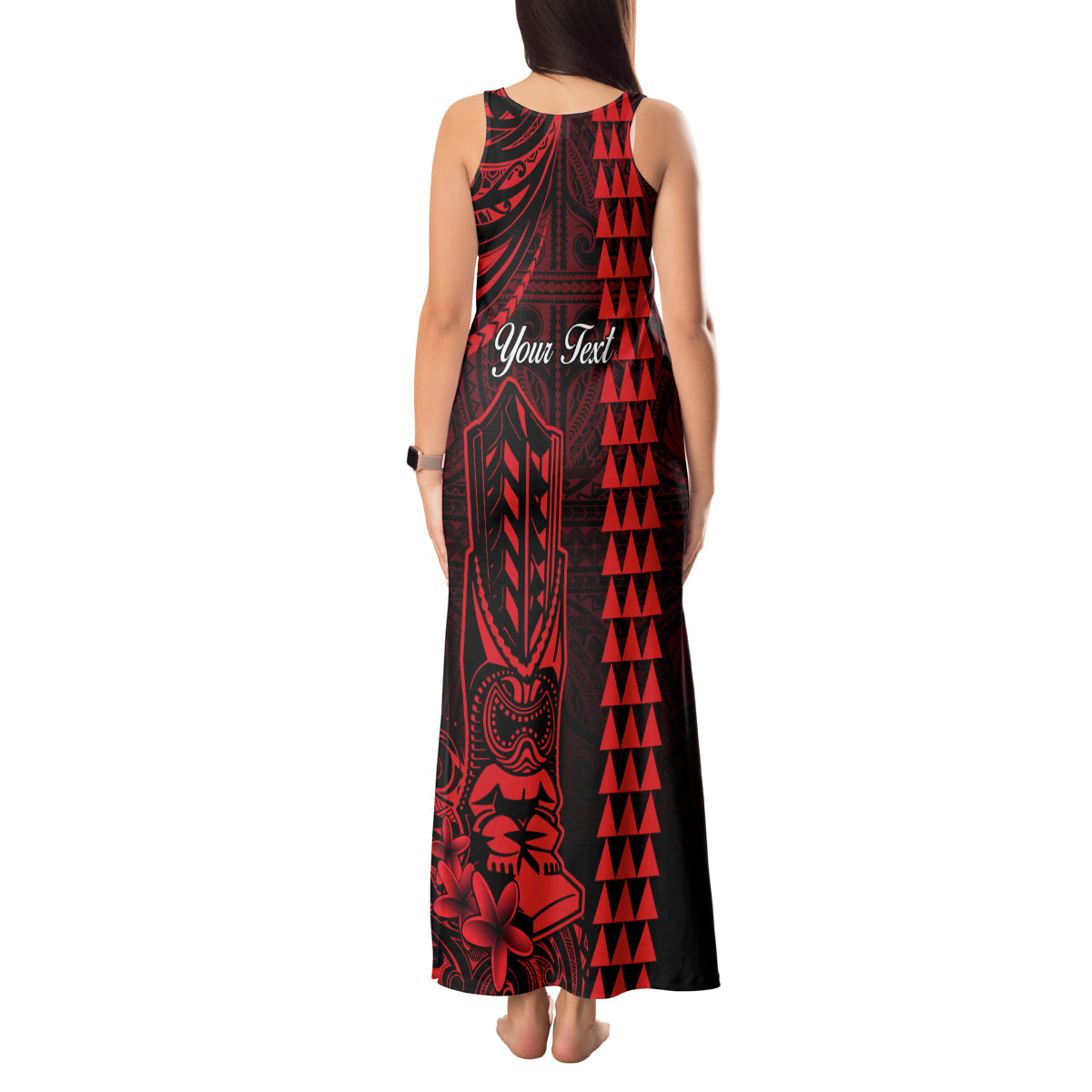 Personalized Hawaii Hauoli Makahiki Hou Tank Maxi Dress Lono Hawaiian God Kakau Polynesian Tribal Red LT05 - Polynesian Pride