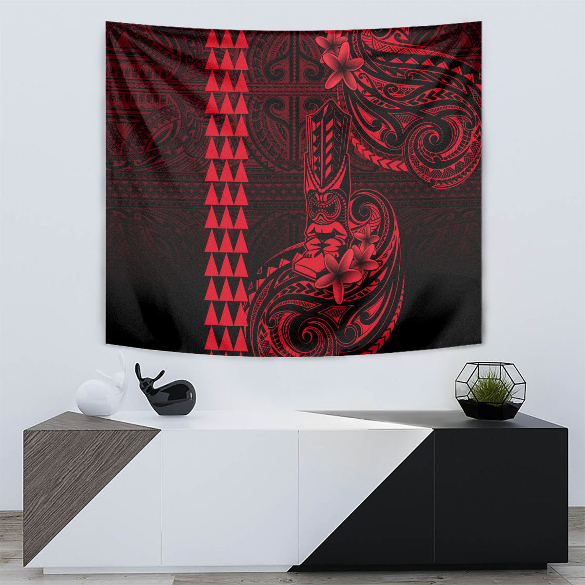 Hawaii Hauoli Makahiki Hou Tapestry Lono Hawaiian God Kakau Polynesian Tribal Red LT05 - Polynesian Pride