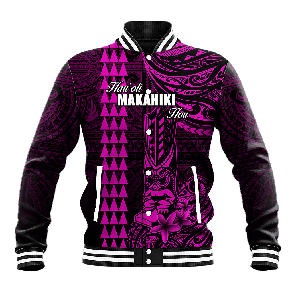 Personalized Hawaii Hauoli Makahiki Hou Baseball Jacket Lono Hawaiian God Kakau Polynesian Tribal Pink LT05 Unisex Pink - Polynesian Pride