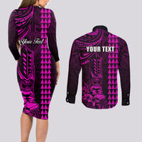 Personalized Hawaii Hauoli Makahiki Hou Couples Matching Long Sleeve Bodycon Dress and Long Sleeve Button Shirts Lono Hawaiian God Kakau Polynesian Tribal Pink LT05 - Polynesian Pride