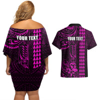 Personalized Hawaii Hauoli Makahiki Hou Couples Matching Off Shoulder Short Dress and Hawaiian Shirt Lono Hawaiian God Kakau Polynesian Tribal Pink LT05 - Polynesian Pride