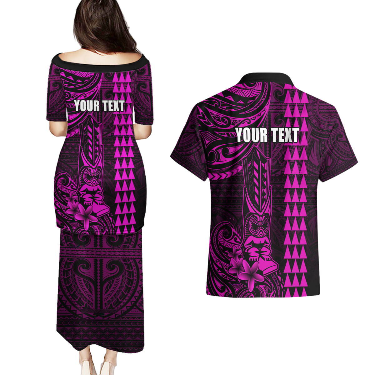 Personalized Hawaii Hauoli Makahiki Hou Couples Matching Puletasi Dress and Hawaiian Shirt Lono Hawaiian God Kakau Polynesian Tribal Pink LT05 - Polynesian Pride