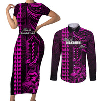 Personalized Hawaii Hauoli Makahiki Hou Couples Matching Short Sleeve Bodycon Dress and Long Sleeve Button Shirts Lono Hawaiian God Kakau Polynesian Tribal Pink LT05 Pink - Polynesian Pride