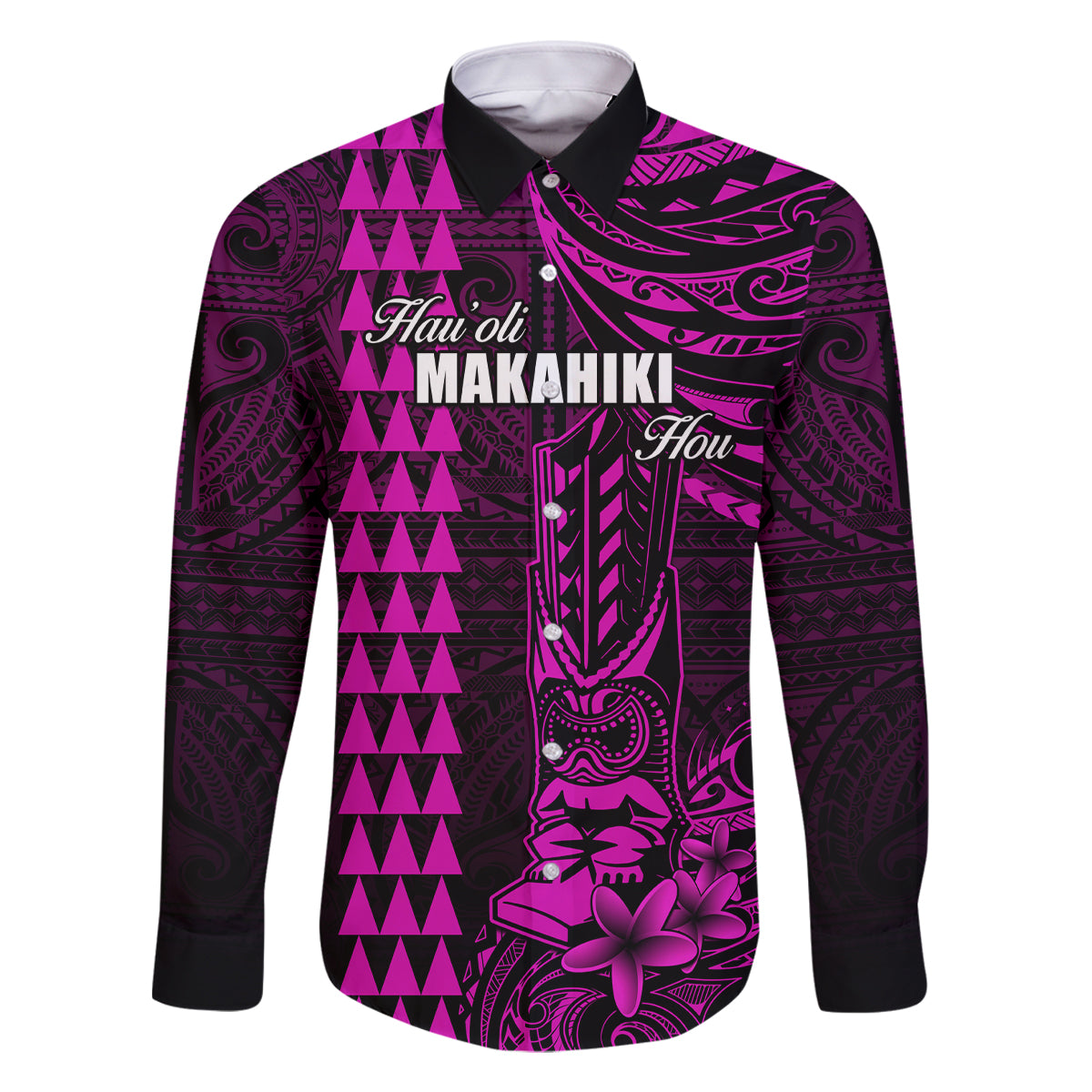 Personalized Hawaii Hauoli Makahiki Hou Family Matching Off Shoulder Short Dress and Hawaiian Shirt Lono Hawaiian God Kakau Polynesian Tribal Pink LT05 Dad's Shirt - Long Sleeve Pink - Polynesian Pride