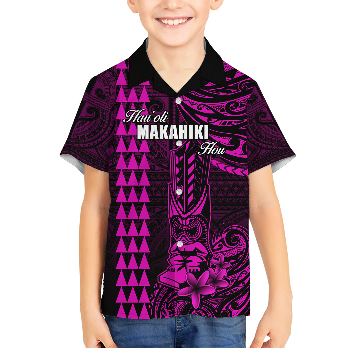 Personalized Hawaii Hauoli Makahiki Hou Family Matching Puletasi Dress and Hawaiian Shirt Lono Hawaiian God Kakau Polynesian Tribal Pink LT05 Son's Shirt Pink - Polynesian Pride
