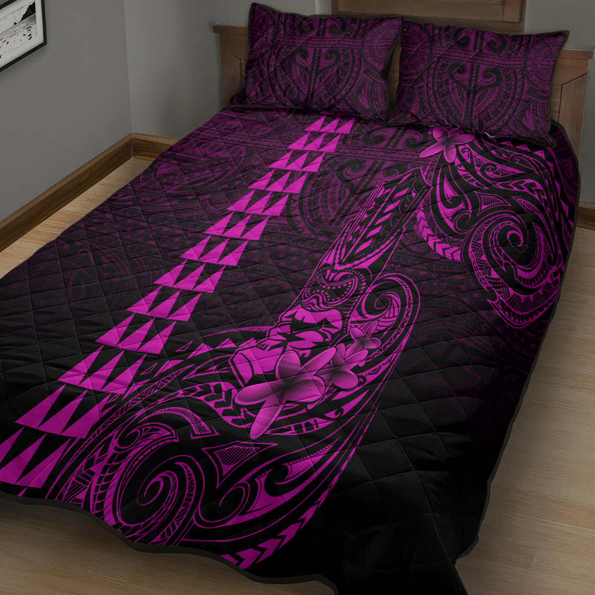 Hawaii Hauoli Makahiki Hou Quilt Bed Set Lono Hawaiian God Kakau Polynesian Tribal Pink LT05 - Polynesian Pride