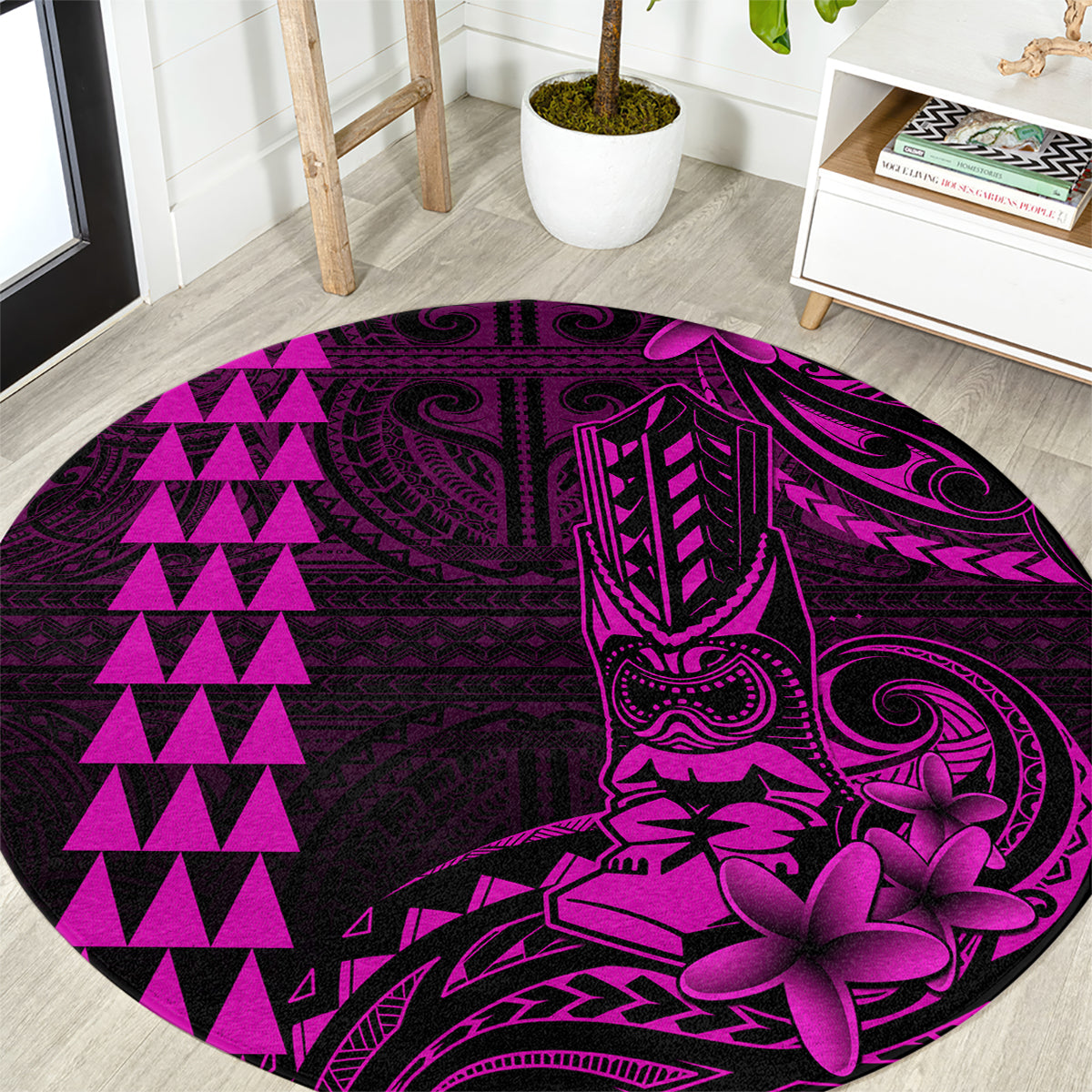 Hawaii Hauoli Makahiki Hou Round Carpet Lono Hawaiian God Kakau Polynesian Tribal Pink LT05 Pink - Polynesian Pride