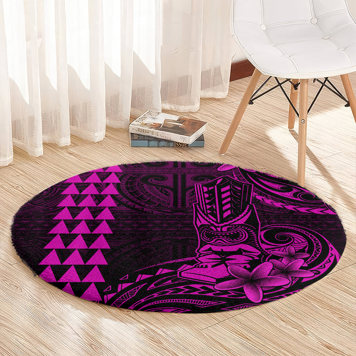 Hawaii Hauoli Makahiki Hou Round Carpet Lono Hawaiian God Kakau Polynesian Tribal Pink LT05 - Polynesian Pride