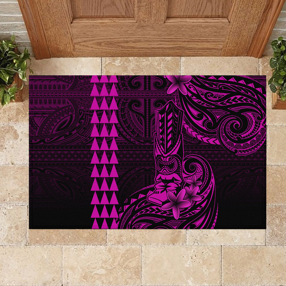 Hawaii Hauoli Makahiki Hou Rubber Doormat Lono Hawaiian God Kakau Polynesian Tribal Pink LT05 - Polynesian Pride