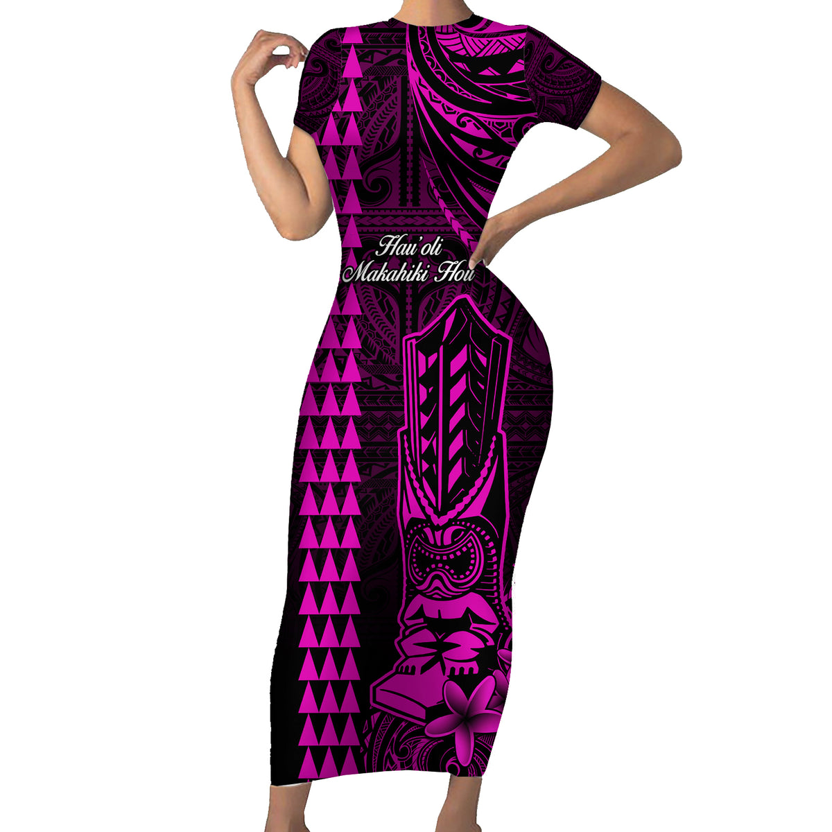 Personalized Hawaii Hauoli Makahiki Hou Short Sleeve Bodycon Dress Lono Hawaiian God Kakau Polynesian Tribal Pink LT05 Long Dress Pink - Polynesian Pride